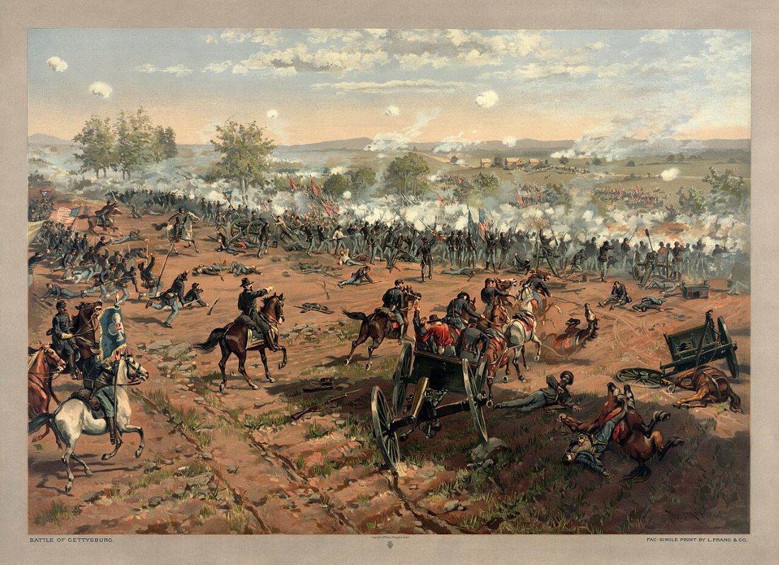 "Bitka kod Gettysburga"(autor: Thure de Thulstrupa) prikazuje jednu od najvažnijih bitaka Američkog građanskog rata, vođenu od 1. do 3. jula 1863. godine. Ova bitka, poznata po masovnim žrtvama i hrabrosti obje strane, završila se odlučujućom pobjedom Unije i bila je prekretnica u ratu, zaustavljajući napredovanje Konfederacije prema sjeveru.