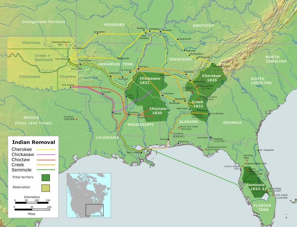 Mapa procesa preseljenja domorodačkih naroda (1830–1838). Oklahoma je prikazana svijetlo žutom-zelenom bojom.