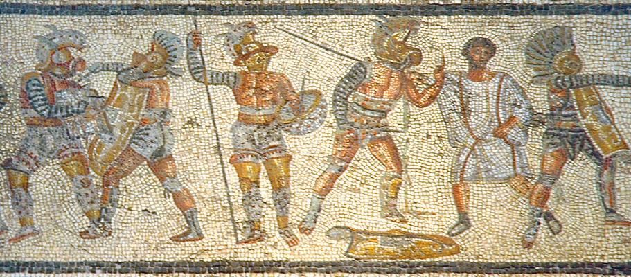 Prikaz gladiatora na mozaiku u Leptis Magni, današnja Libija, oko 80. do 100. godine n. e.