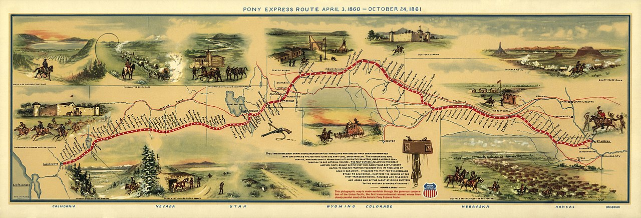 Mapa prikazuje rutu koju su prelazili jahači Poni Ekspresa 1860. godine.